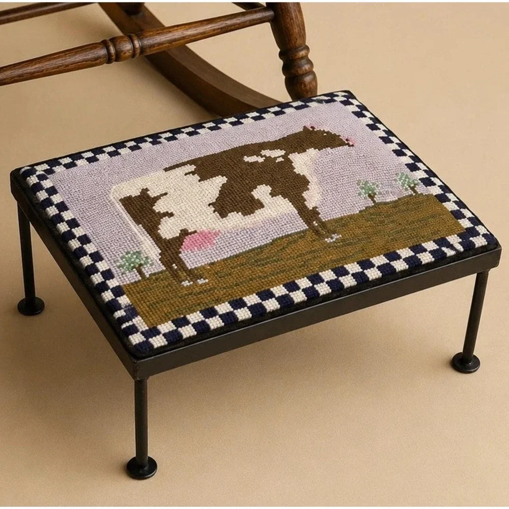 Vintage Needlepoint Cast Iron Footstool Cow & Pasture Scene Country Cottage 12x9
